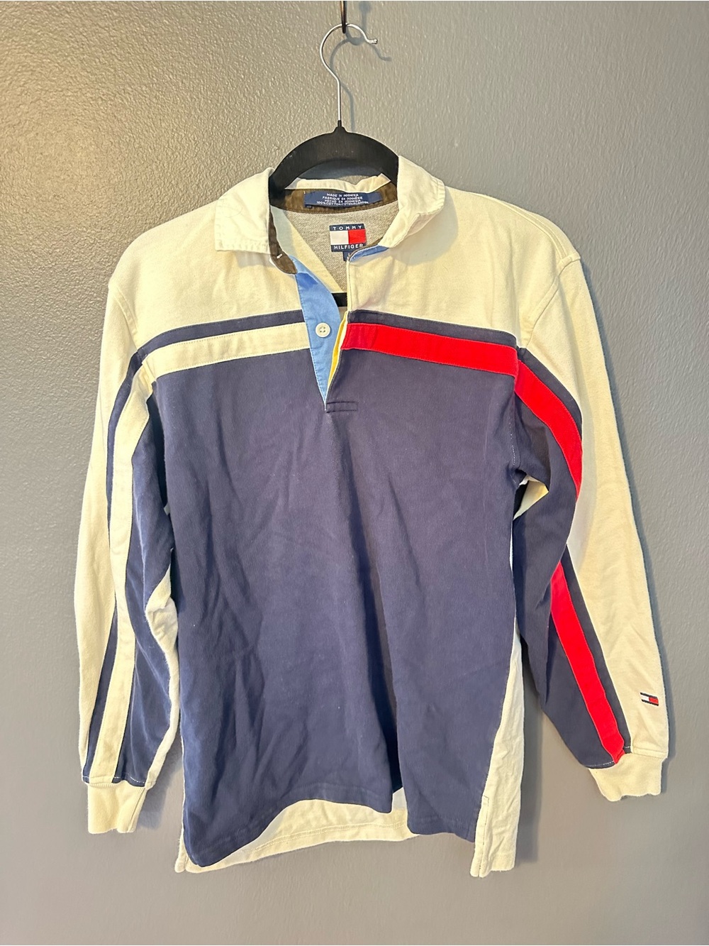 Vintage Tommy Hilfiger Rugby Shirt L Flag Colorblock 90s Spellout Style